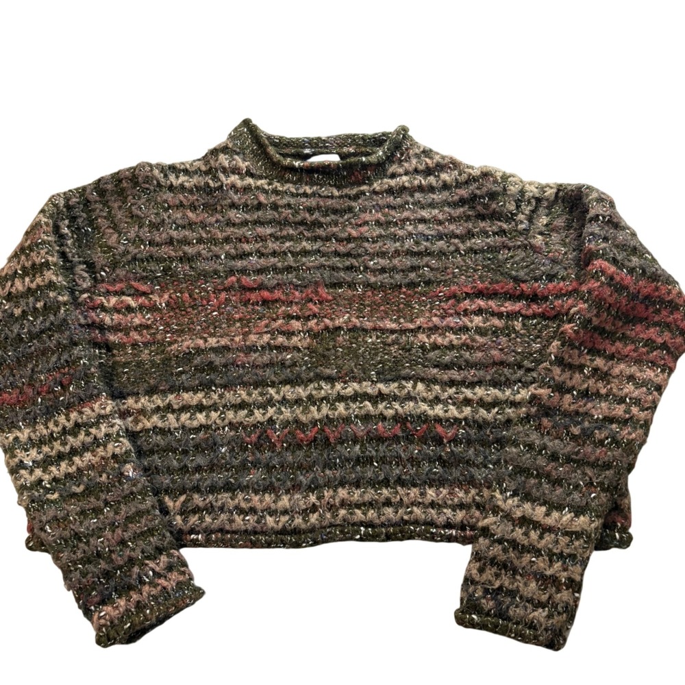 Zara Knit Cropped Sweater S Green Rust Multi Space Dye Mock Neck Textured Wool